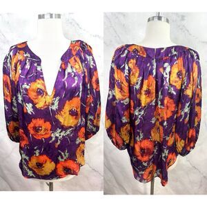 Black Halo Tunic Shirt Blouse sz M Purple Floral Silk Relaxed Boho Garden Fairy